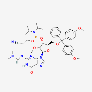 Structure - DMT-2'-O-Me-rG(dmf)-phosphoramidite. (2R,3S,4S,5R)-2-((bis(4-methoxyphenyl)(phenyl)methoxy)methyl)-5-(2-(((E)-(dimethylamino)methylene)amino)-6-oxo-3,6-dihydro-9H-purin-9-yl)-4-methoxytetrahydrofuran-3-yl (2-cyanoethyl) diisopropylphosphoramidite. 